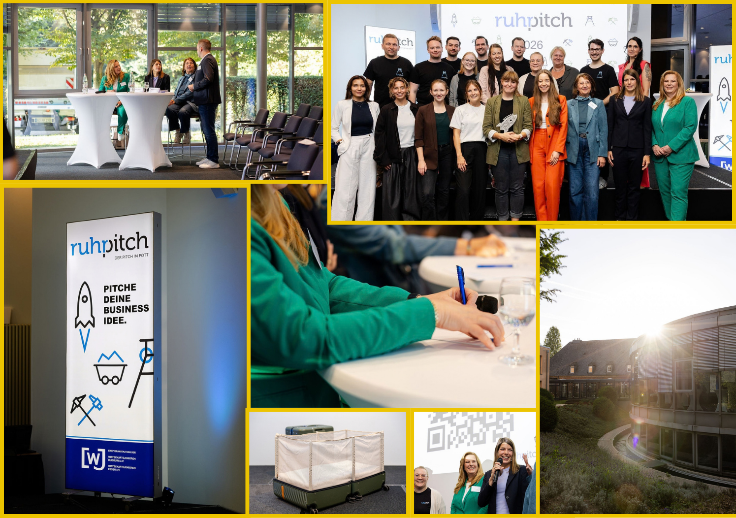Fotocollage vom Ruhrpitch 2026 in Duisburg mit Podiumsgespräch und Gruppenfoto